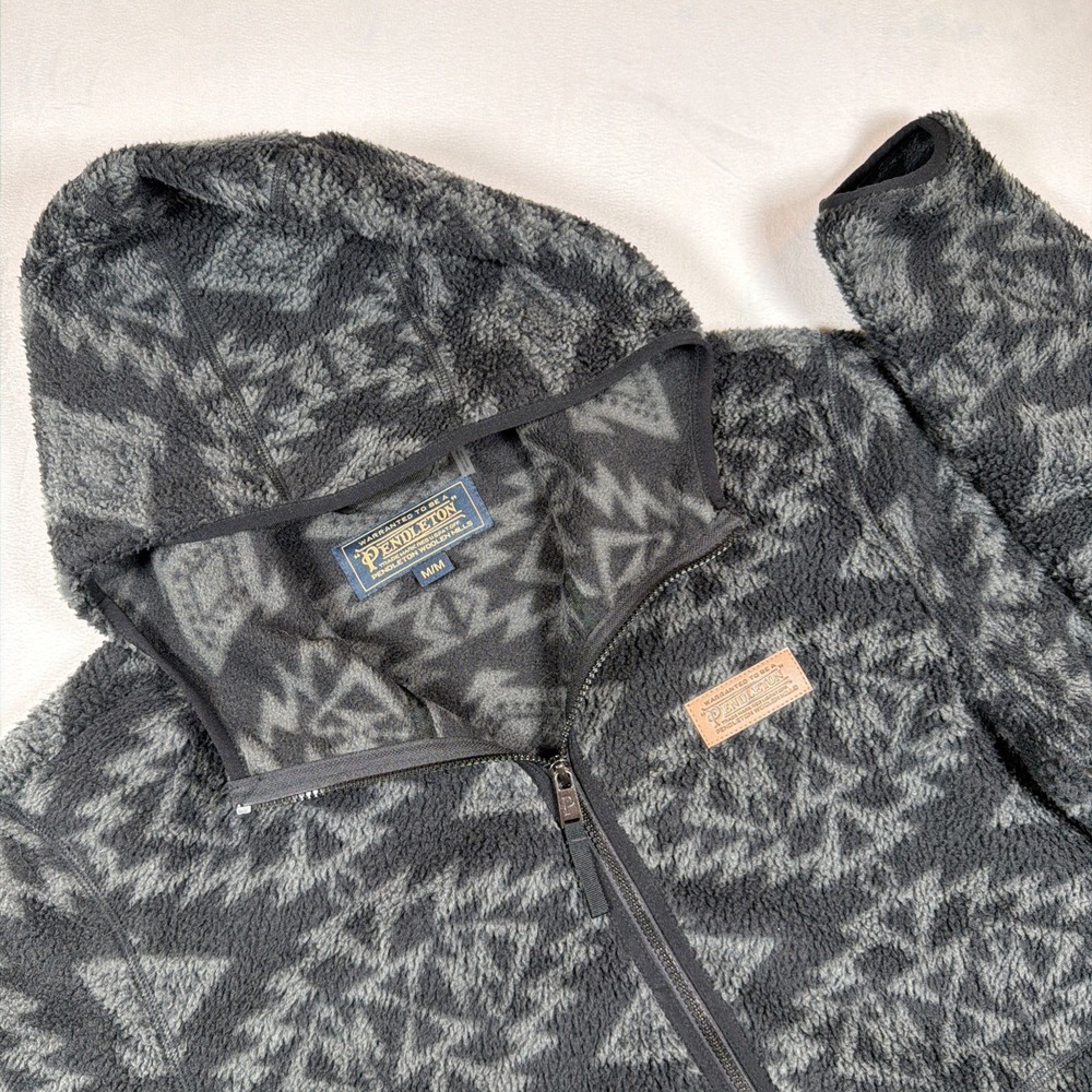 Pendleton Full Zip Sharpa Fleece Hoodie Men M Gray Aztec Southwest Jacket
